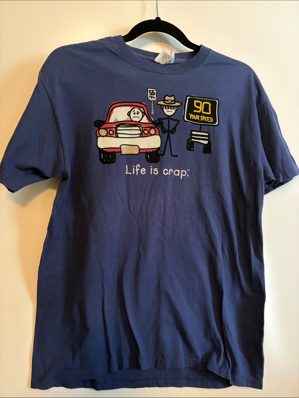 Life Is Crap T Shirt Mens Medium Navy Blue Graphic Speeding Ticket